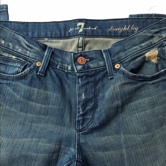 7 For All Mankind Women's Size 26 Distressed Torn Straight Leg Blue Jeans - Picture 4 of 11